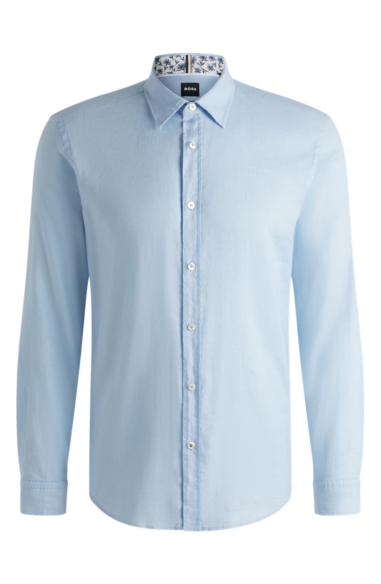 BOSS Stretch Linen Blend Button Down Shirt, Main, color, Light/ Pastel Blue