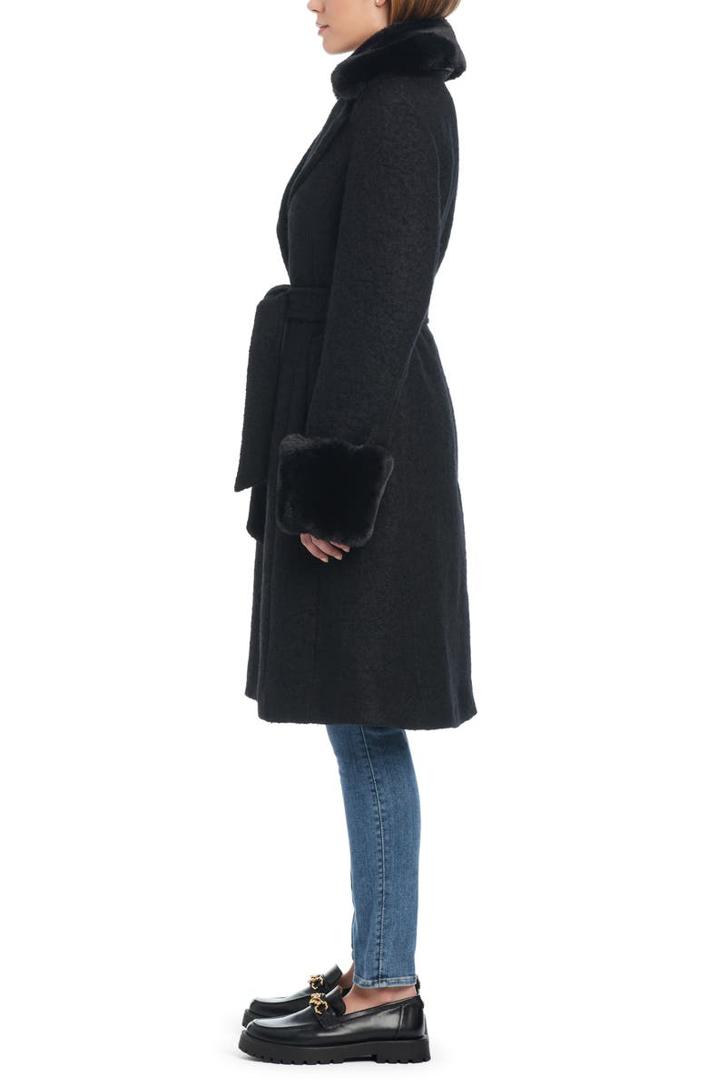 Kate Spade New York club belted wool blend coat with removable faux fur collar and cuffs, Alternate, color, Black