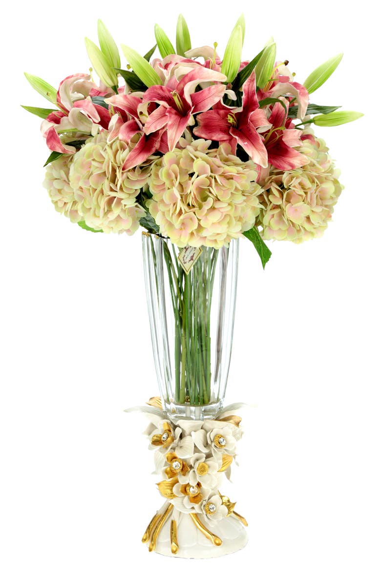 Majestic Lily and Hydrangea in Vase, Main, color, Deep Rose Pink