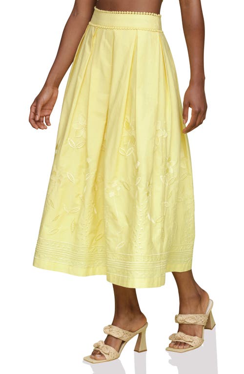 Shop Avec Les Filles Floral Embroidered Pleated Cotton Midi Skirt In Citron