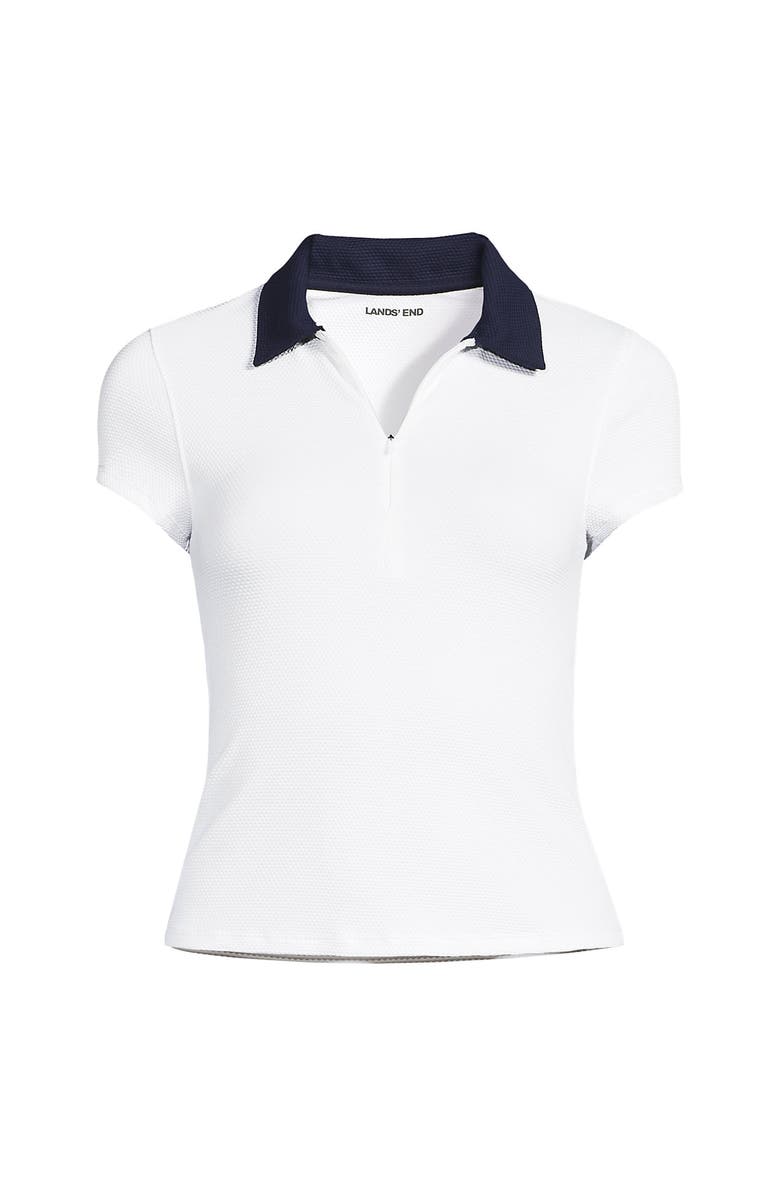 Lands' End Plus Size Short Sleeve Pique Johnny Collar UPF 50 Rash Guard, Alternate, color, White/Deep Sea Navy