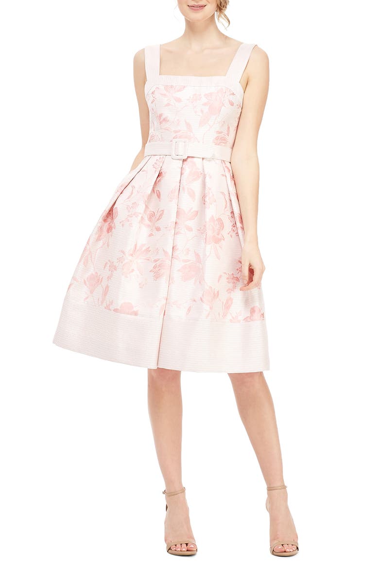 Square Neck Belted Fit & Flare Dress, Main, color, IVORY/ BABY PINK