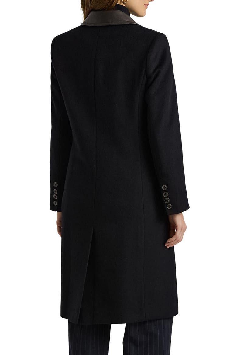 Faux Leather Trim Double Breasted Wool Blend Reefer Coat, Alternate, color, REGAL NAVY