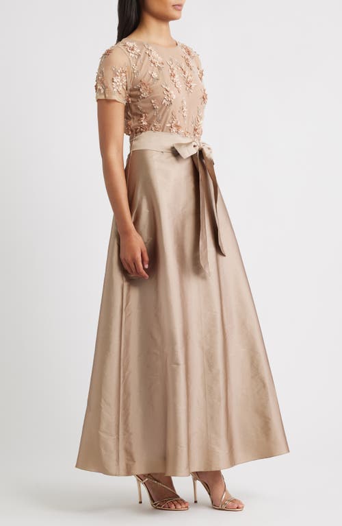 Pisarro Nights 3d Floral Bodice Beaded Gown In Brown