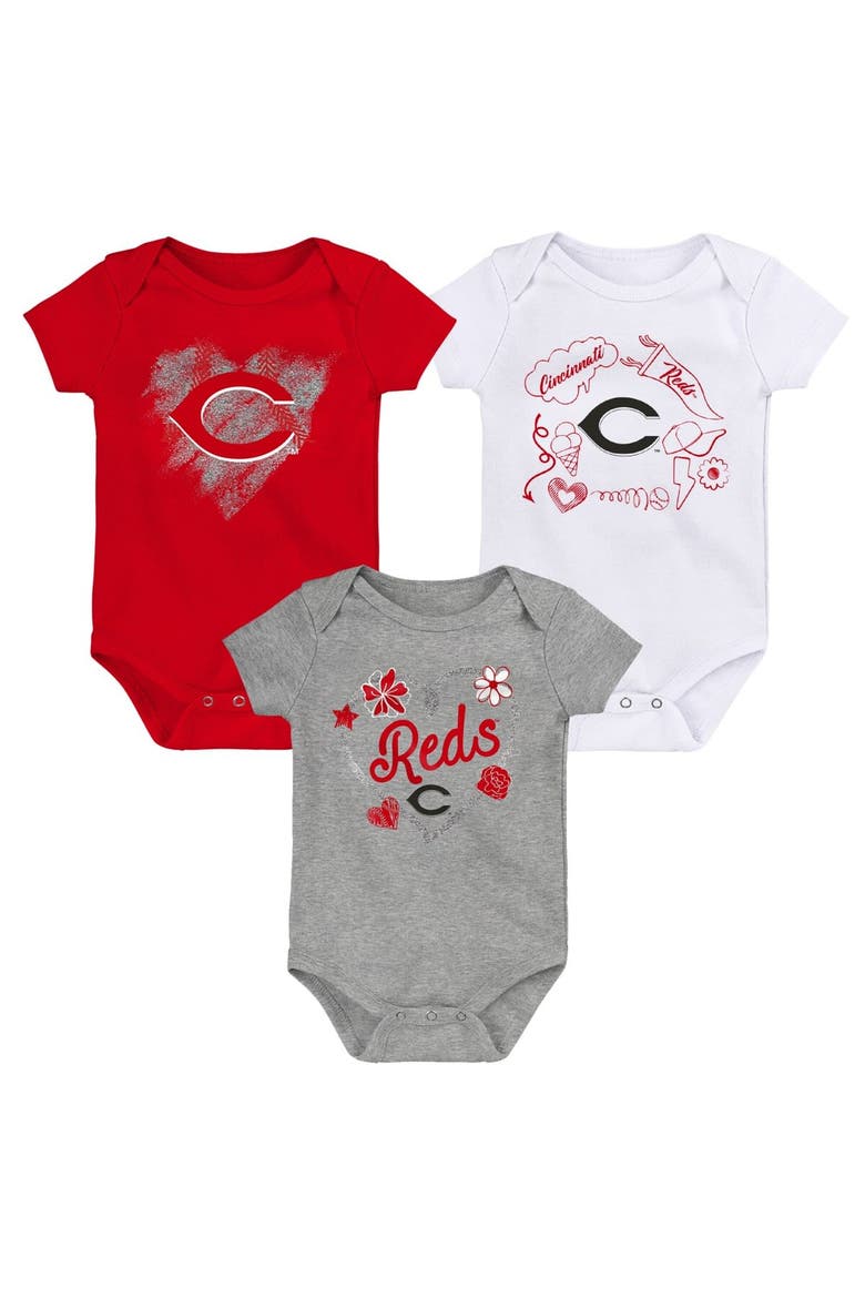 Girls Newborn & Infant Red/White/Heathered Gray Cincinnati Reds 3-Pack Batter Up Bodysuit Set, Alternate, color, Red