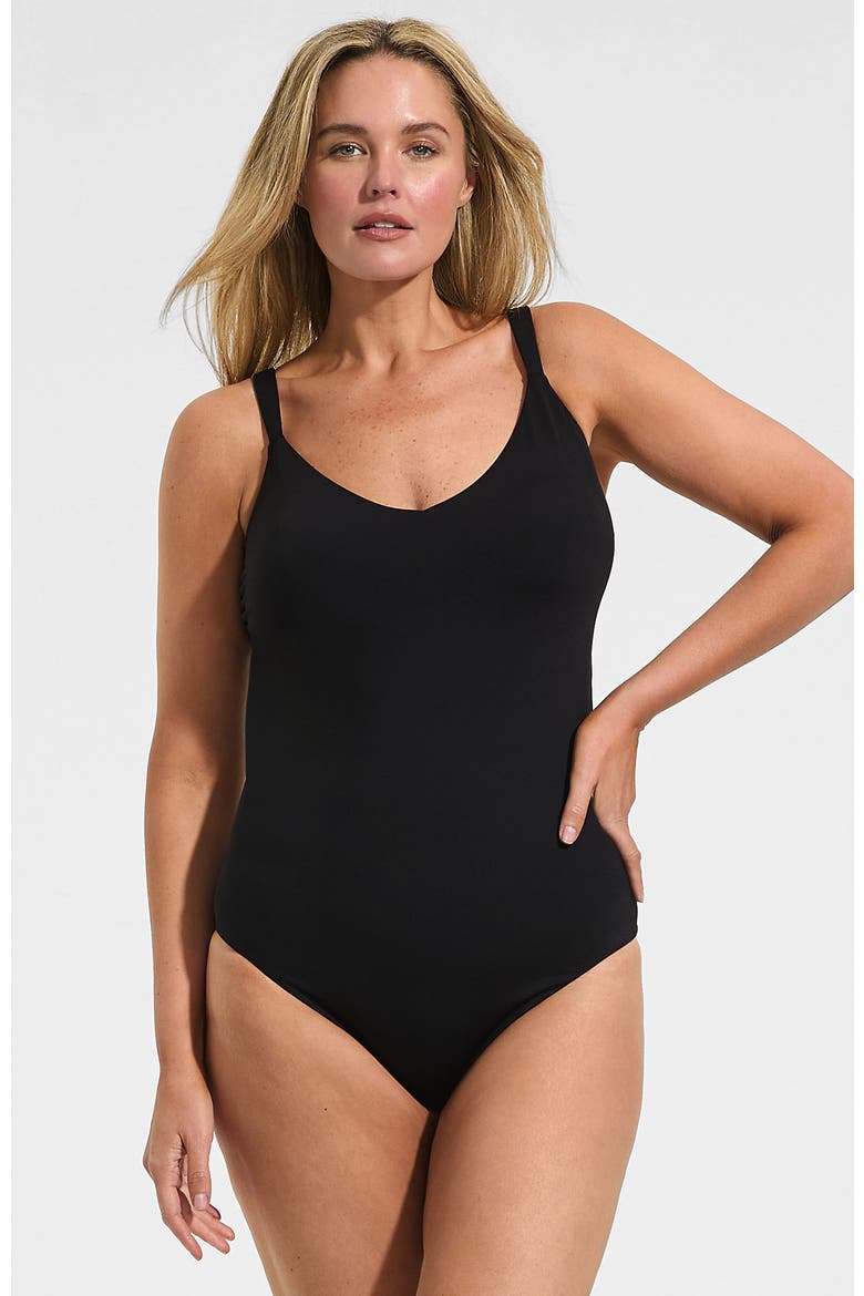 Plus Size V-Neck High Leg Strappy Back One Piece, Main, color, Black