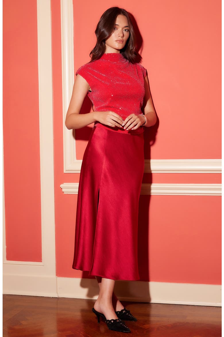 Brielle Satin Midi Skirt, Alternate, color, CHERRY