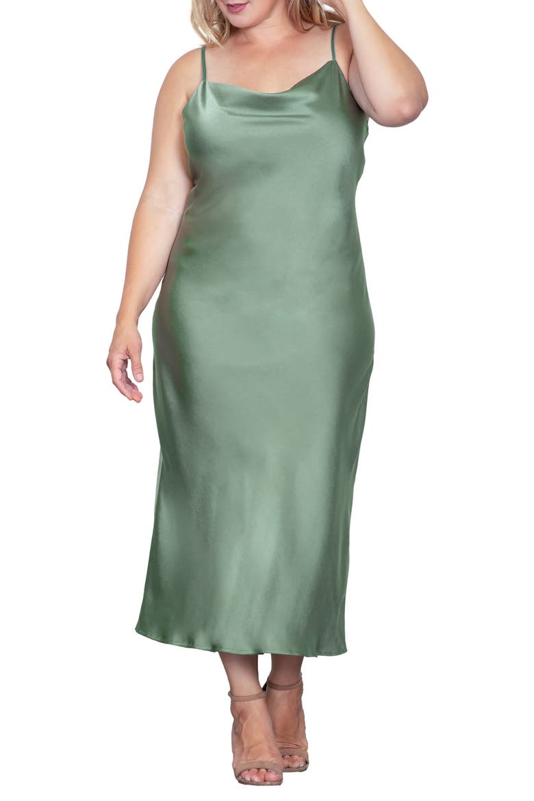 Cowl Neck Satin Dress, Alternate, color, BAY LEAF