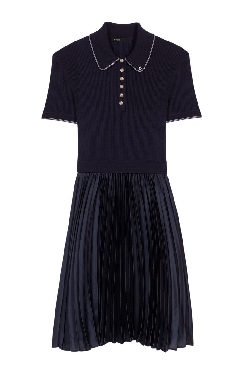 maje Mini pleated polo collar dress, Alternate, color, Navy