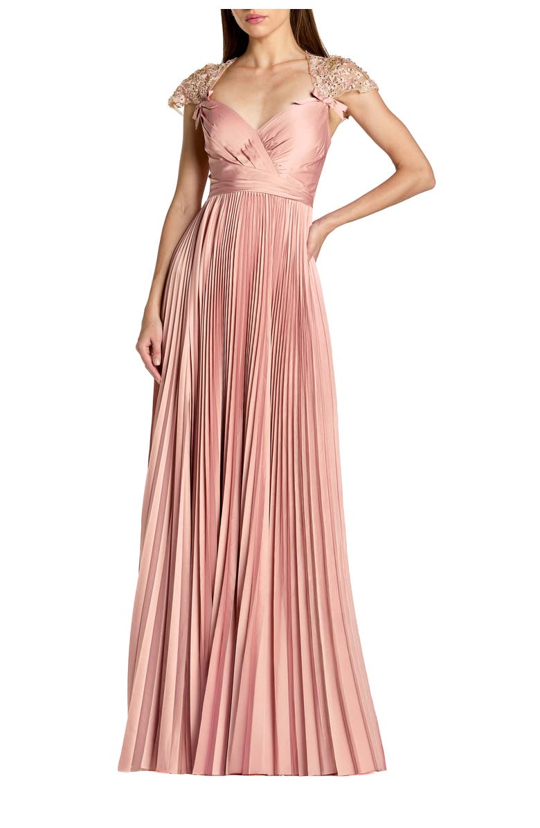 Mac Duggal Pleated Charmeuse Embellished Cap Sleeve Gown, Main, color, Rose