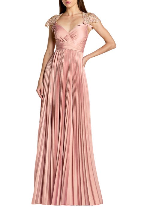 Pleated Charmeuse Embellished Cap Sleeve Gown