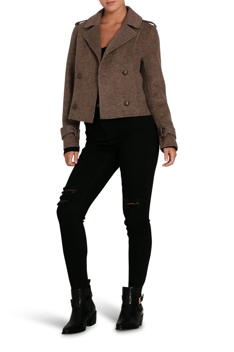 Better Off Military Wool Blend Crop Peacoat, Alternate, color, WALNUT