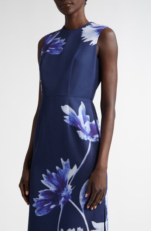Shop Erdem Troubridge Floral Sleeveless Faille Pencil Midi Dress In Floral Indigo