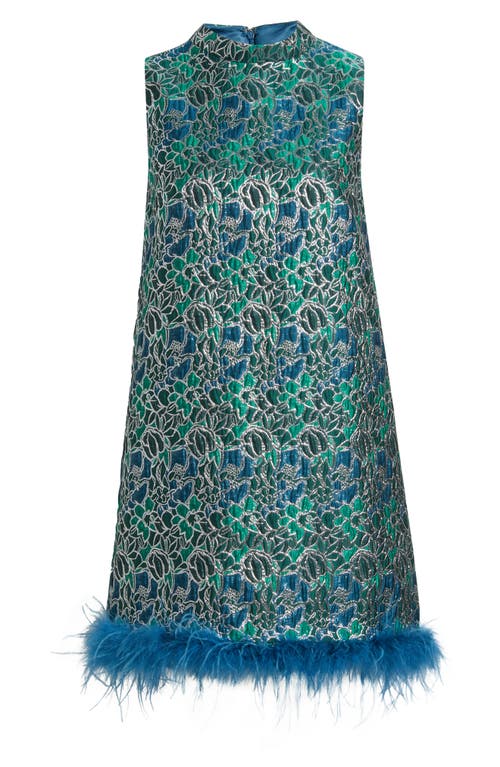 Lucy Paris Alyssa Jacquard Feather Trim Sleeveless Minidress In Blue
