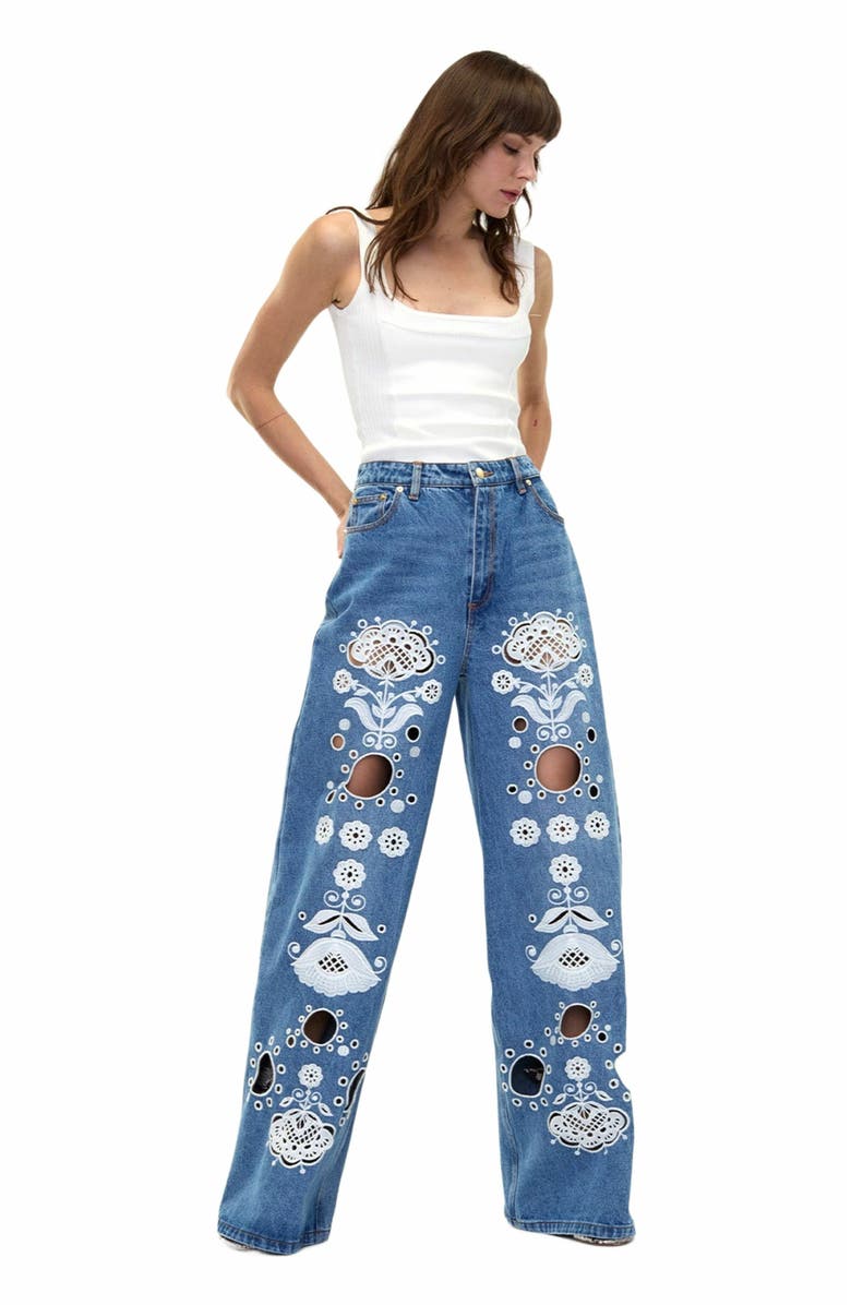 Cynthia Rowley Embroidered Wide-leg Jean, Alternate, color, Blue/White