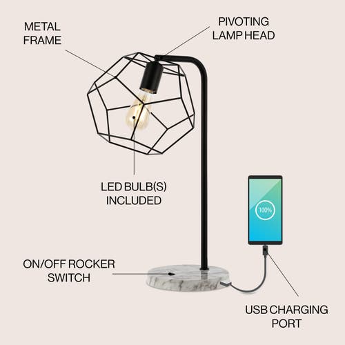 Jonathan Y Penta 23.5" Industrial Farmhouse Head-adjustable Iron Led Task Lamp With Usb Charging Por In Black