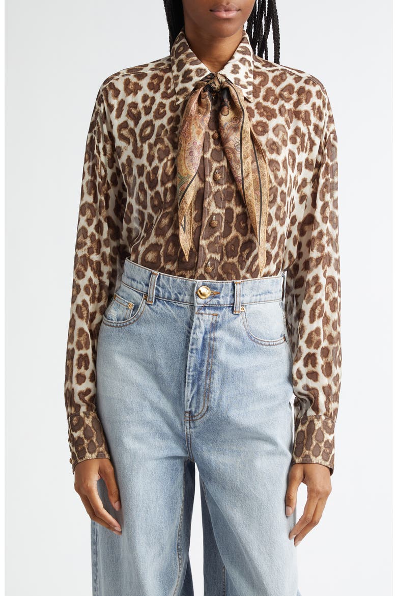 Illustration Leopard Print Scarf Detail Button-Up Shirt, Main, color, CHOCOLATE LEOPARD