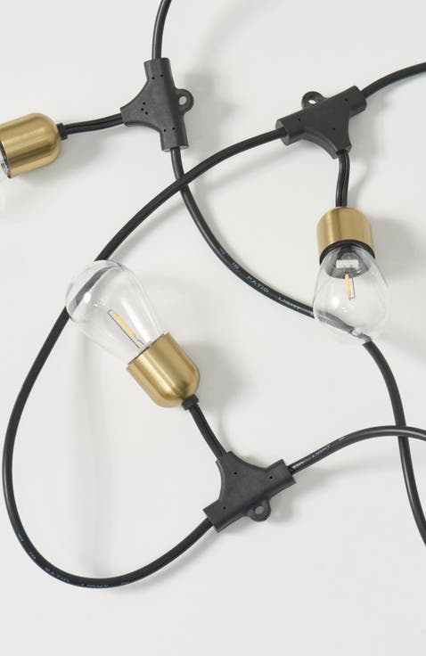 48 ft, 15 light Solar Powered Heavy Duty LED Outdoor String Lights, Gold Accent Brass Socket, Weatherproof Bulbs