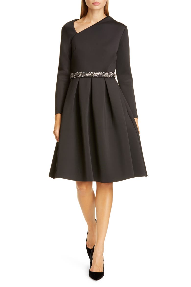 Badgley Mischka Asymmetrical Neckline Fit & Flare Scuba Dress, Main, color, BLACK