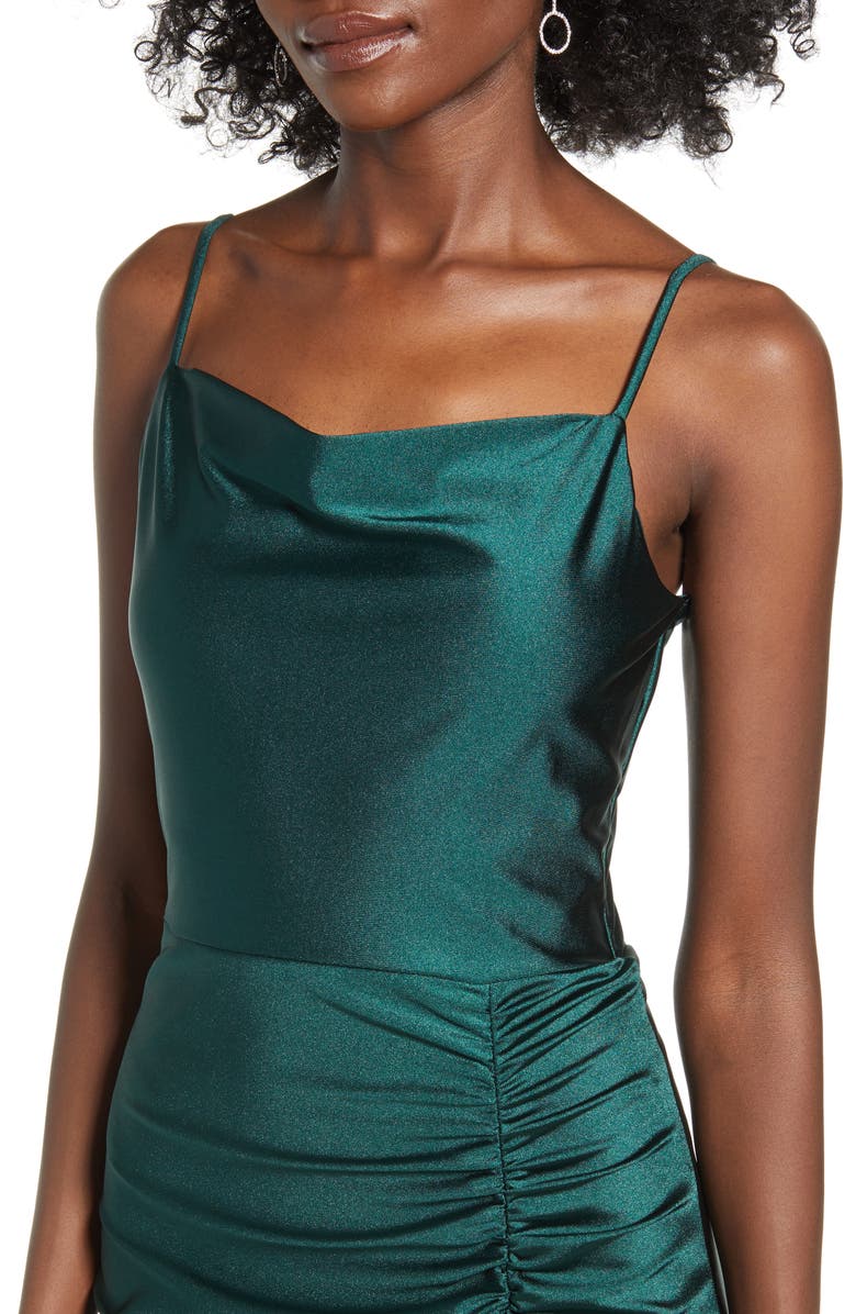 Speechless Ruched Side Slit Stretch Satin Maxi Dress, Alternate, color, 