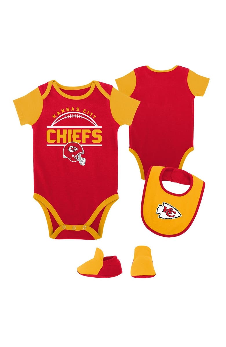 Outerstuff Newborn & Infant Red/Gold Kansas City Chiefs Home Field Advantage Three-Piece Bodysuit, Bib & Booties Set, Main, color, 