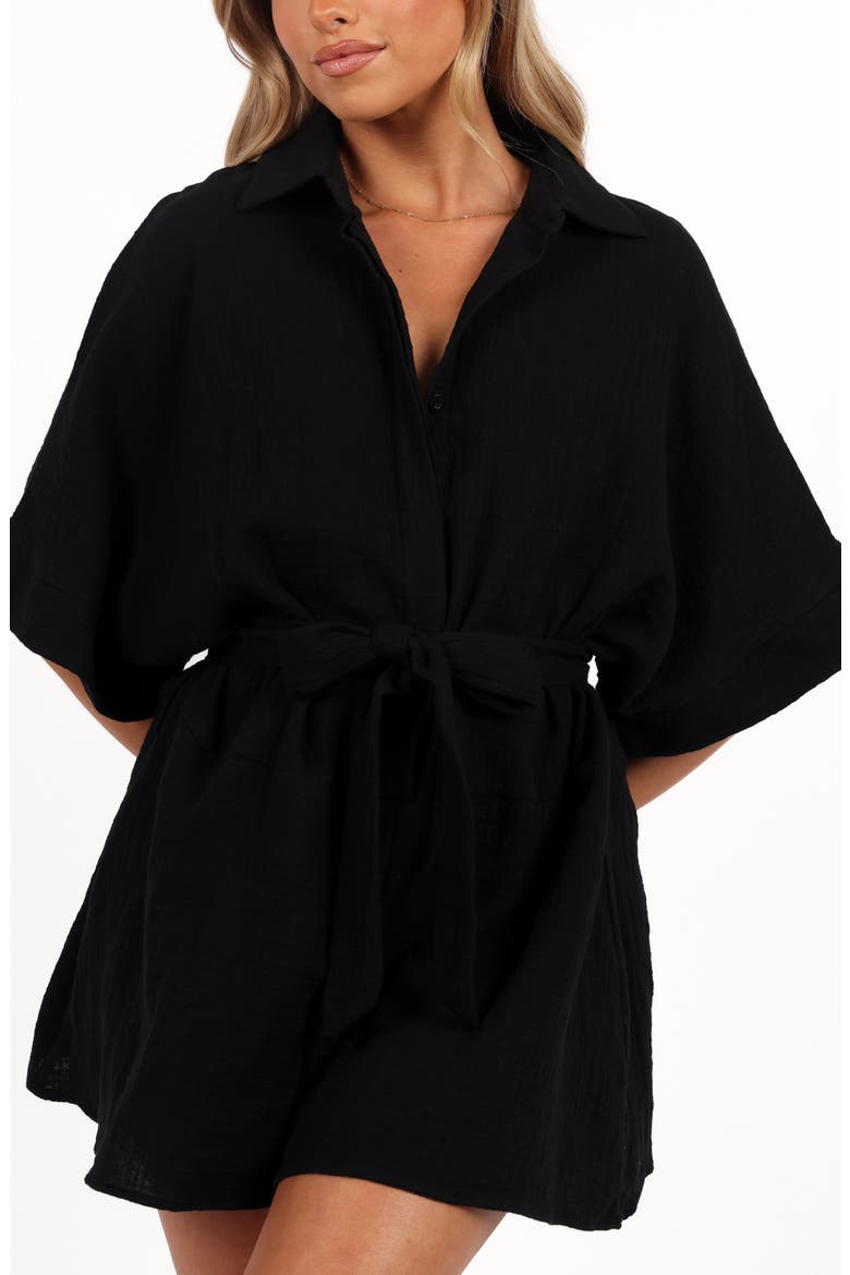 Jemmy Tie Waist Cotton Gauze Romper, Alternate, color, BLACK