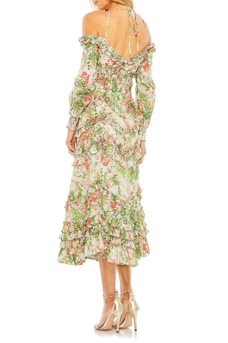 Floral Print Ruffle Cold Shoulder Long Sleeve Midi Dress, Alternate, color, WHITE MULTI