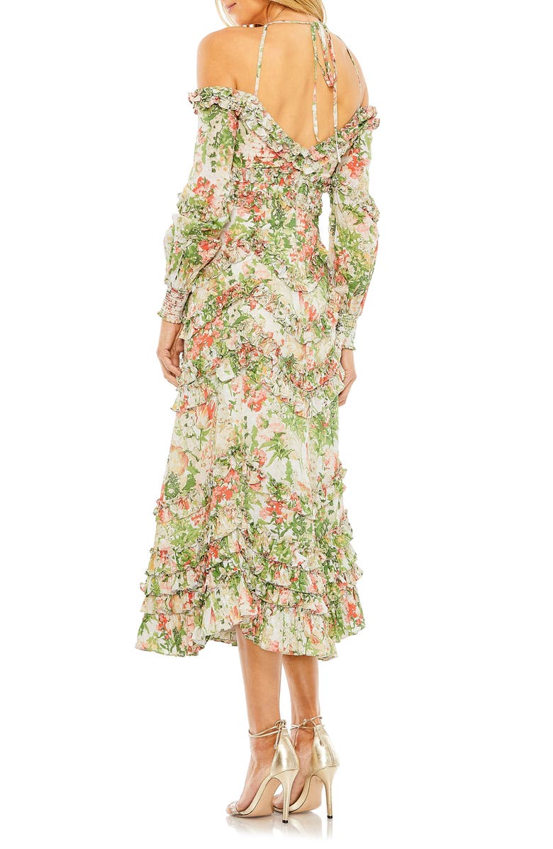 Mac Duggal Floral Print Ruffle Cold Shoulder Long Sleeve Midi Dress, Alternate, color, 