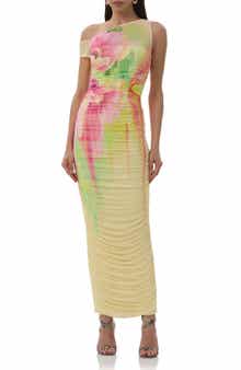 AFRM Biona Printed One-Shoulder Ruched Mesh Maxi Dress