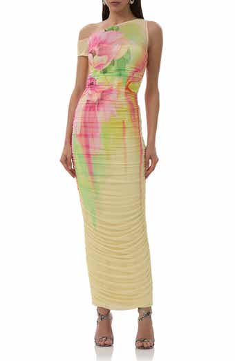 AFRM Biona Printed One-Shoulder Ruched Mesh Maxi Dress
