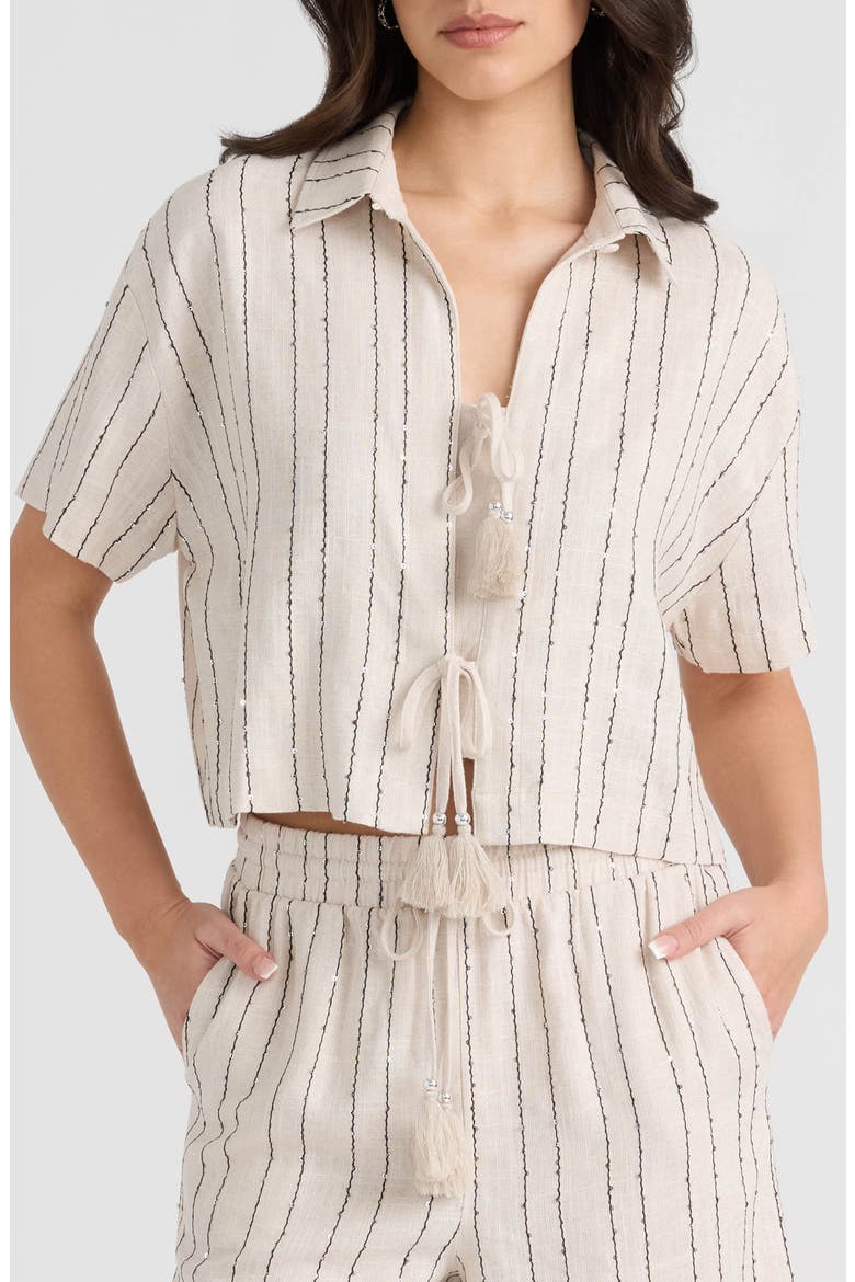 Sequin Tie Front Top, Main, color, NATURAL/ BLACK STRIPE