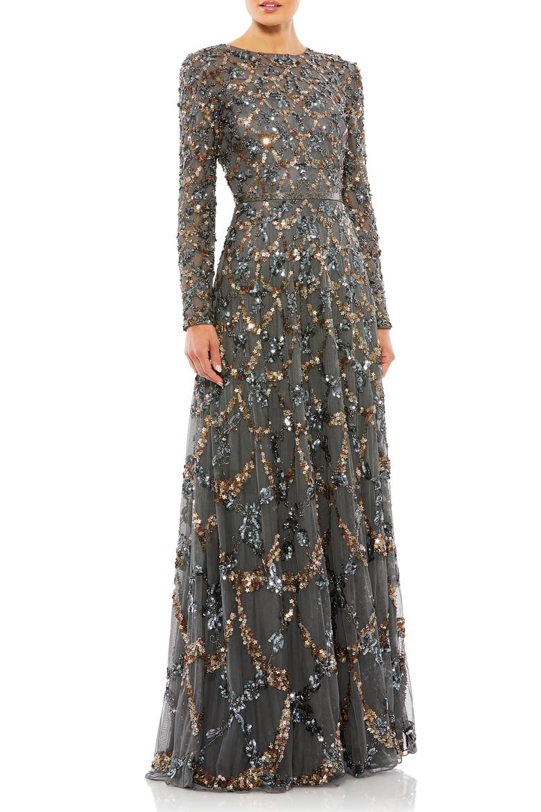 Embellished Illusion High Neck Long Sleeve A Line Gown, Main, color, CHARCOAL