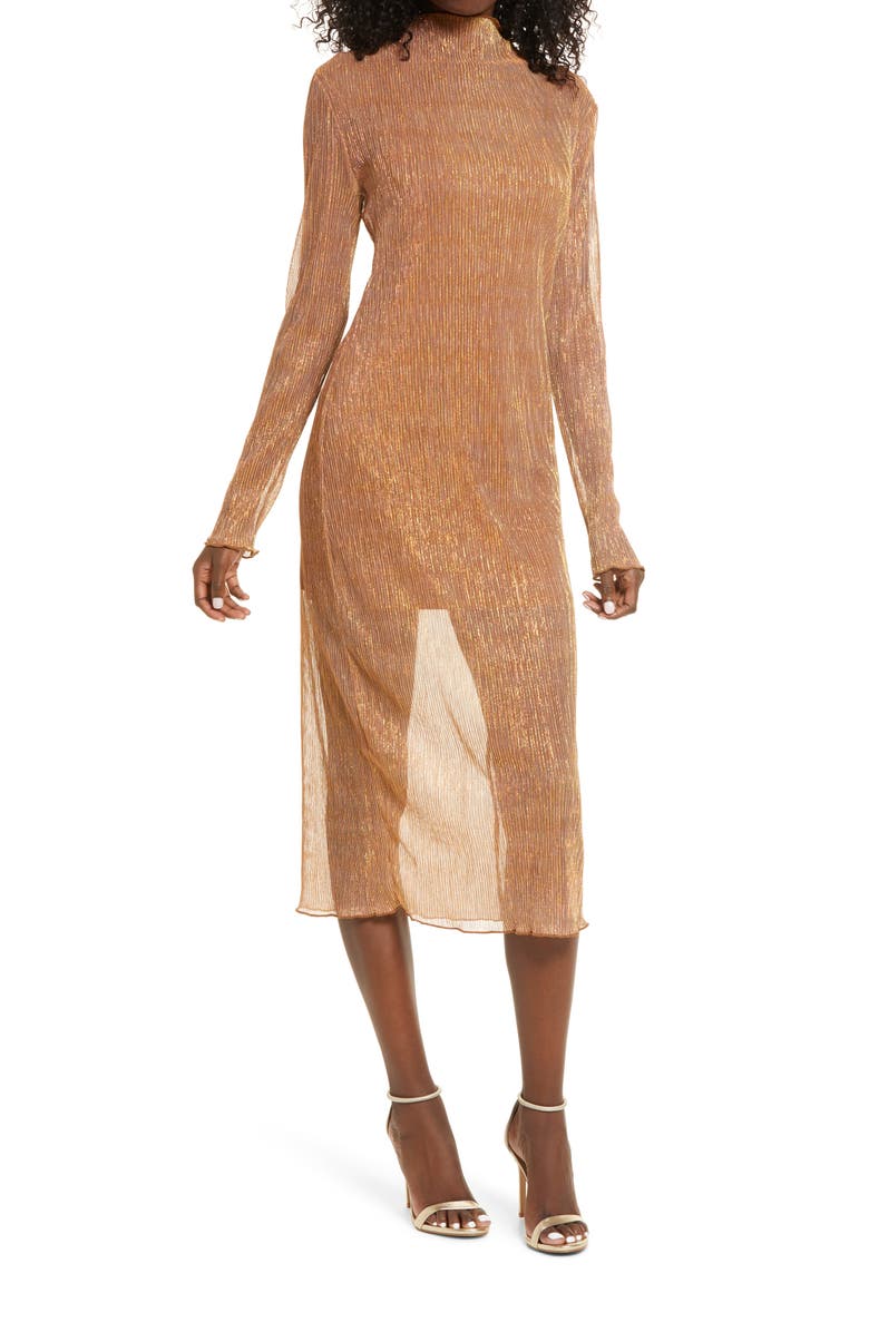 Leith Sheer Metallic Long Sleeve Midi Dress, Main, color,