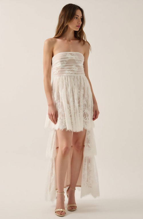 Modenaire Strapless High-low Dress With Sheer Bodice And Tiered Skirt In Brown