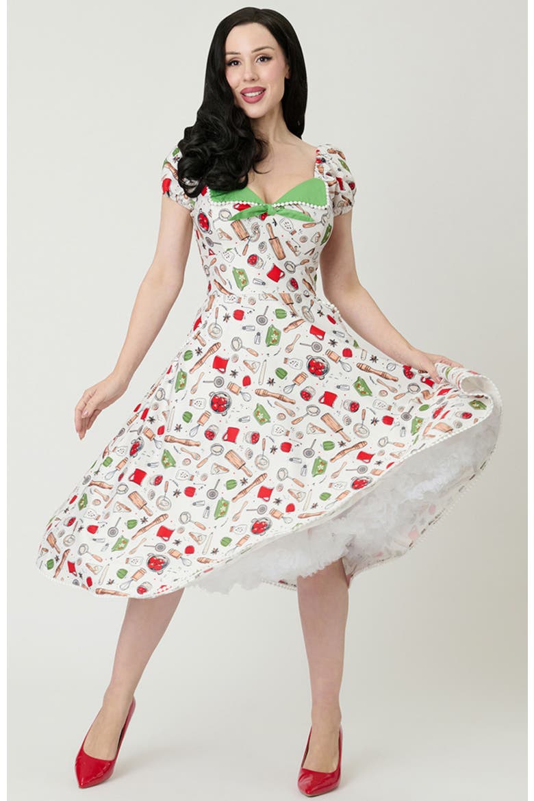 1950s Sweetheart Swing Dress, Alternate, color, White W/ Kitchen Print