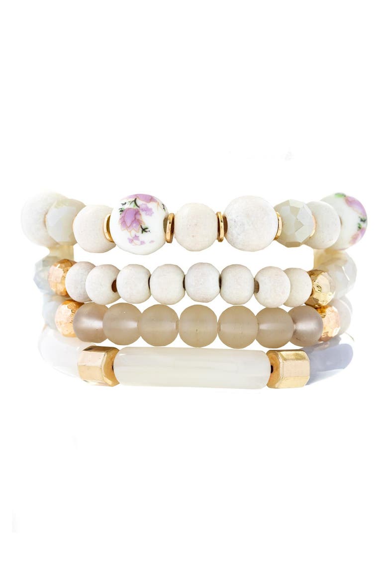 Set of Four Wood Beaded Bracelets, Main, color, WHITE