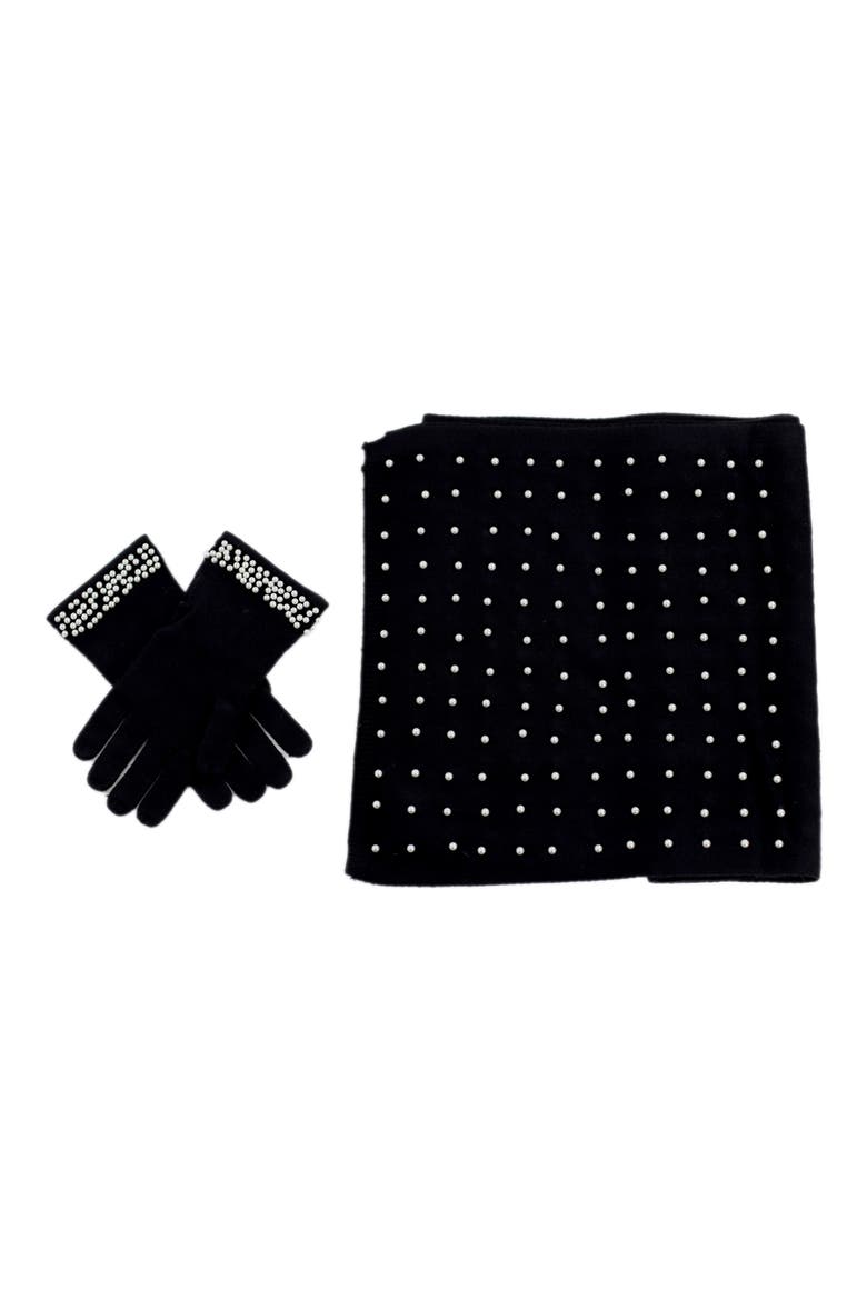 Imitation Pearl Scarf & Gloves Set, Main, color, BLACK