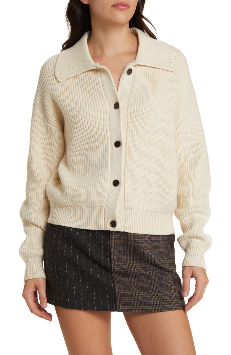 Rails Esme Faux Fur Collar Rib Cardigan, Alternate, color, Ivory