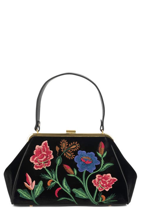Frame Floral Embroidered Velvet Shoulder Bag