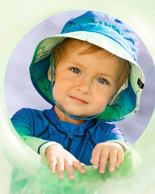 Deux Par Deux Little Boy's Printed Beach Hat Vibrant Blue And Green Dino In Vibrant Blue And Green Dino