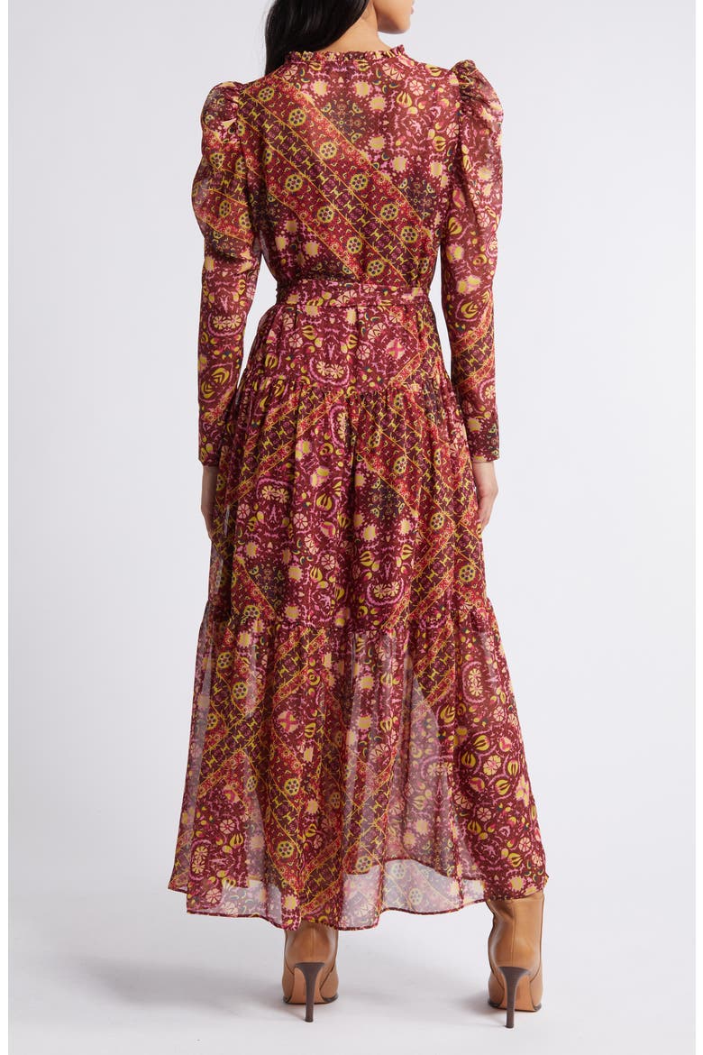 Print Long Sleeve Chiffon Tiered Dress, Alternate, color, RED MULTI