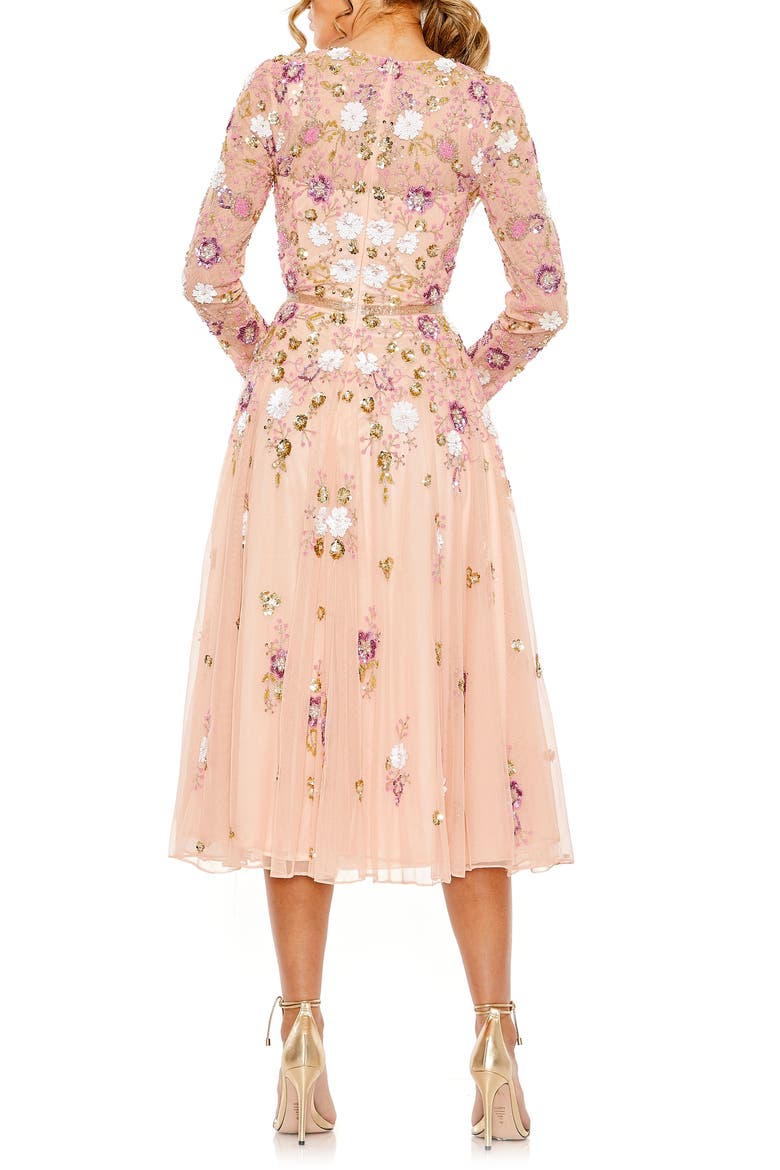 Sequined Floral Long Sleeve High Neck Midi Dress, Alternate, color, BLUSH