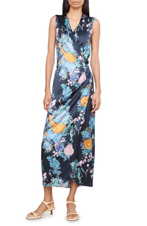 Painted Bouquet Sleeveless Satin Wrap Dress