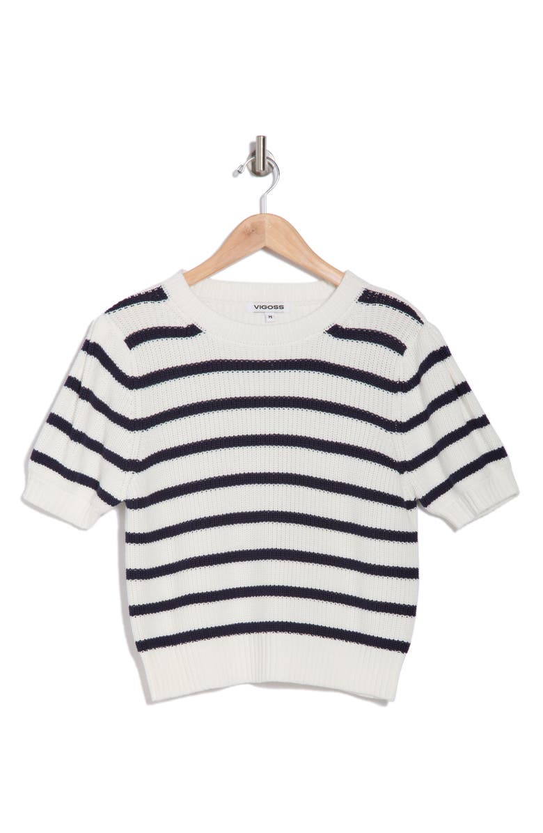 Vigoss Puff Sleeve Stripe Sweater, Alternate, color, White/ Navy