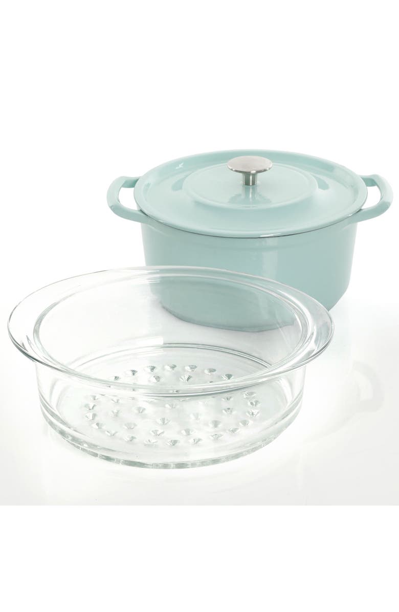 Kenmore Elite Oak Park 3 Quart Enameled Cast Iron Casserole with Lid and Glass Steamer, Alternate, color, Blue