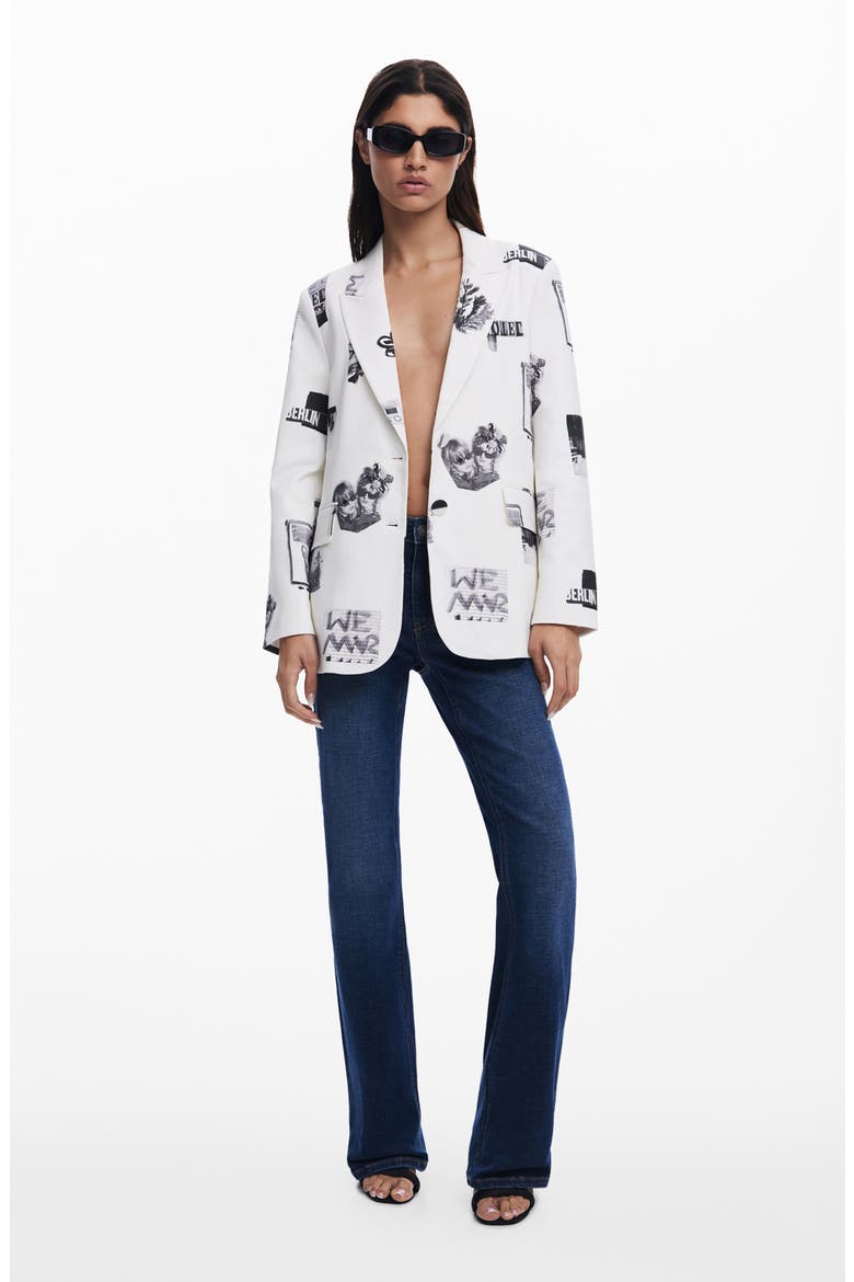 Collage Print Peak Lapel Blazer, Alternate, color, WHITE