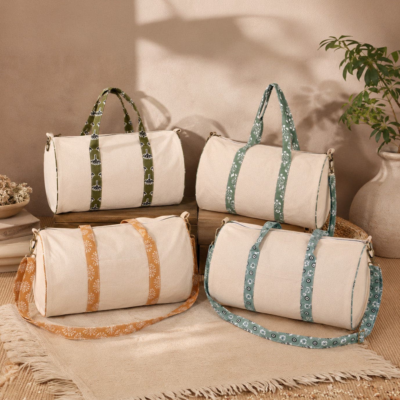 Canvas Duffle Bag with Washable Cotton and Block-Printed Straps, Alternate, color, Marigold Honey