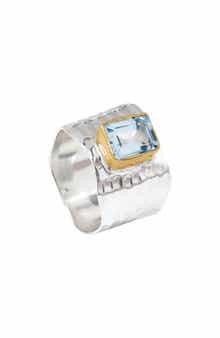 Emerald Cut Blue Topaz Silver Plated Ring