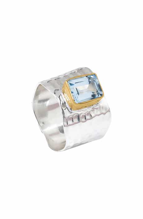 Emerald Cut Blue Topaz Silver Plated Ring