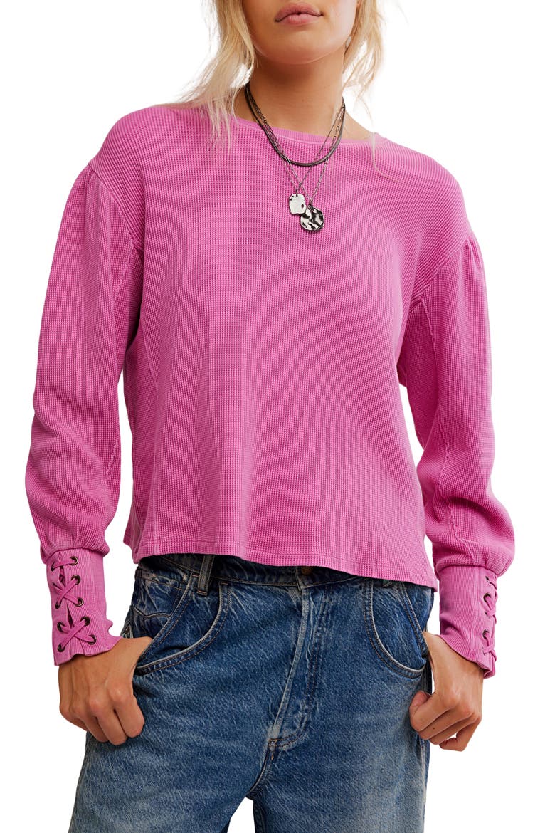 Lapis Lace-Up Cuff Cotton Thermal Top, Main, color, PLUMDROP